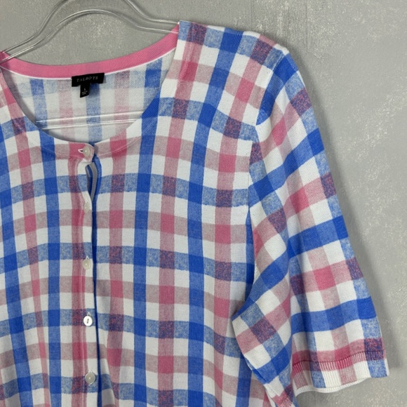 Talbots size L short sleeve lightweight cardigan navy pink check cotton blend - Picture 5 of 10